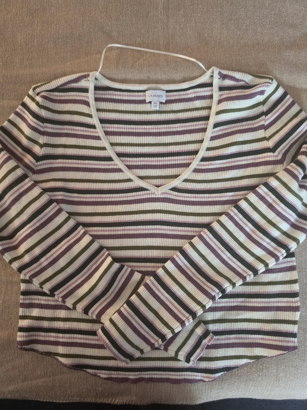 La Hearts Cream, Purple & Olive Striped V-Neck Long Sleeve Top